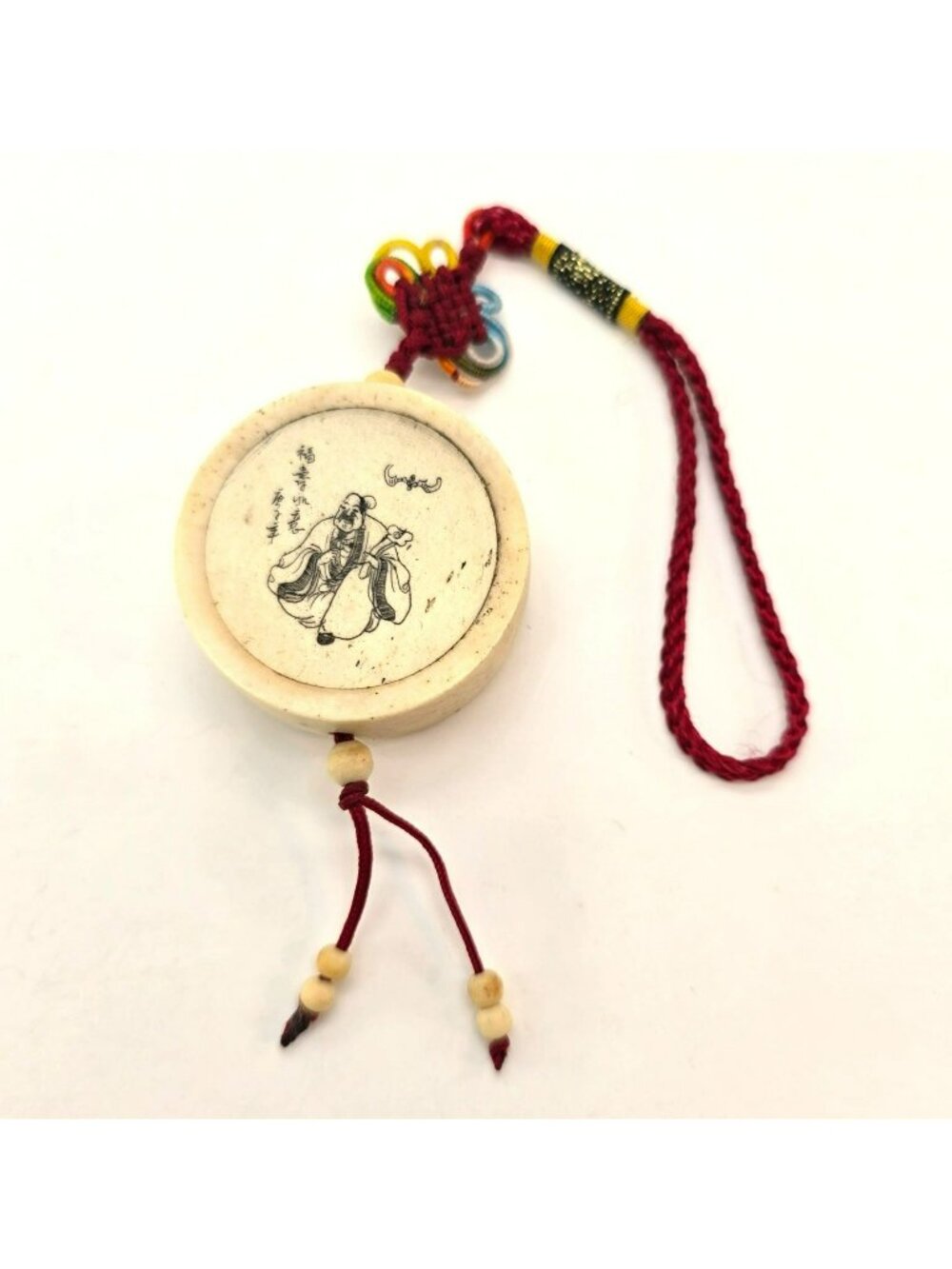 Antique Chinese Carved Bone Pendant With Red Braided Cord & Bead Accents je151